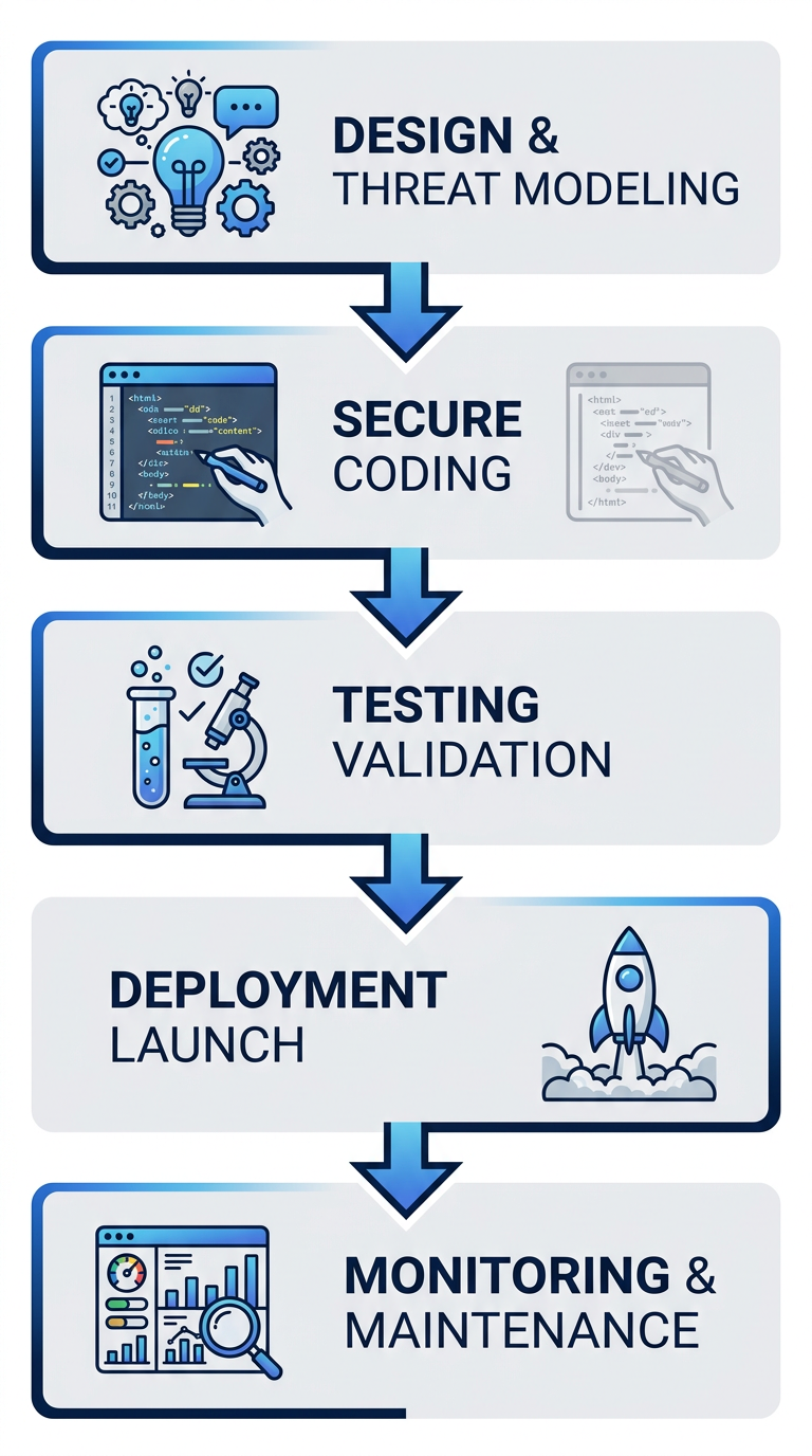 Vertical process flow diagram of TensorFlow in secure custom software development lifecycle with five stages: design, coding, testing, deployment, monitoring.