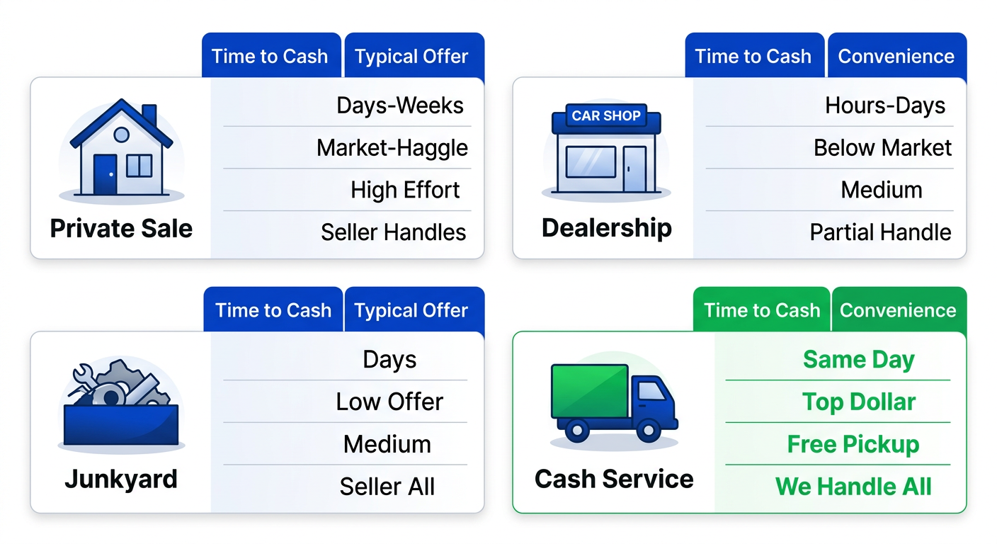 Infographic comparing four car selling methods in Brooklyn: private sale, dealership trade-in, junkyard, cash for cars service across time, offer, convenience, paperwork.