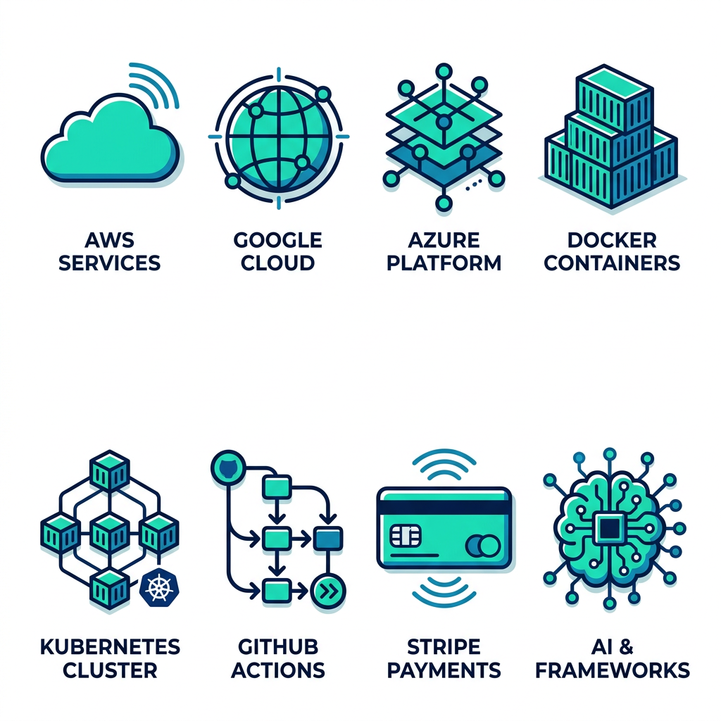 Grid of 8 outline icons representing core SaaS tools: AWS cloud, Google Cloud, Azure, Docker, Kubernetes, GitHub Actions, Stripe, TensorFlow/PyTorch in teal and blue on white background