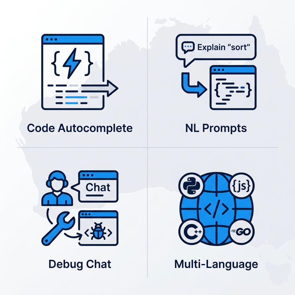 2x2 grid of flat icons depicting GitHub Copilot features: code autocompletion bracket, natural language speech bubble, debugging wrench chat, multi-language globe.