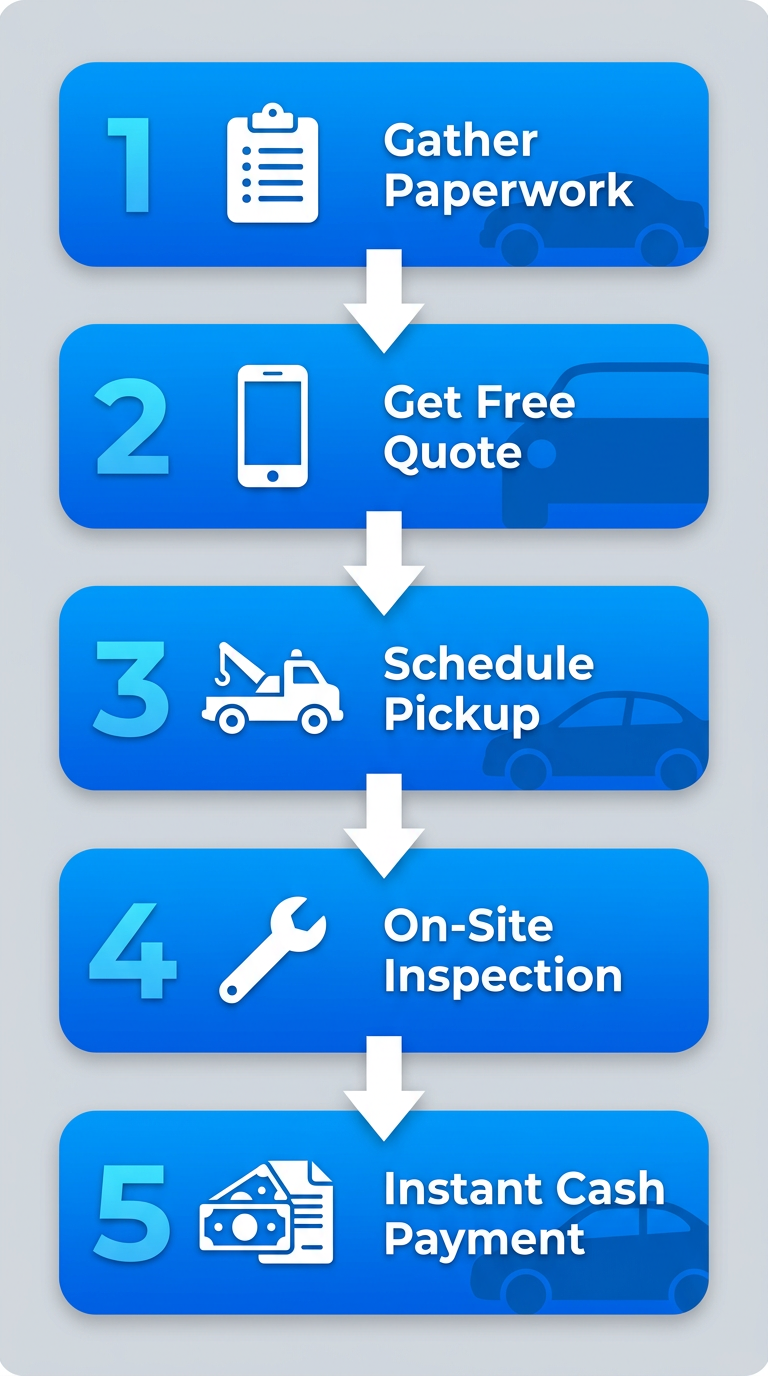 Vertical process flow diagram of 5 steps to sell car for cash in Brooklyn: gather paperwork, get quote, schedule pickup, inspection, instant payment with icons.