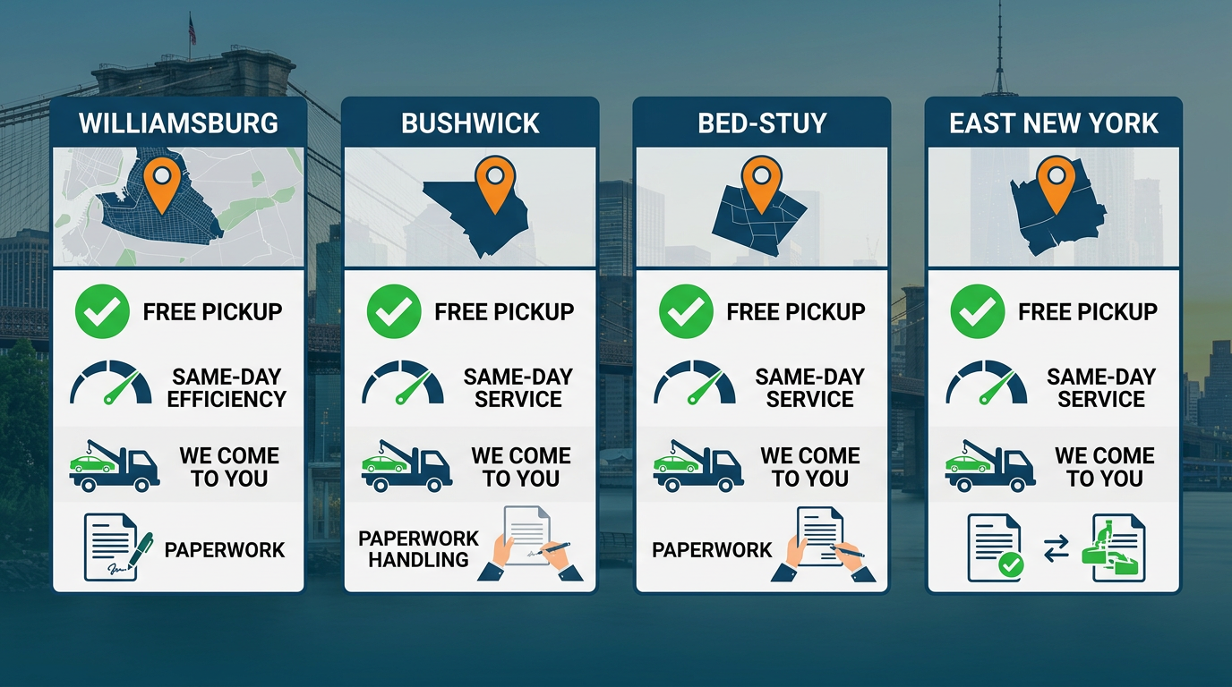 Infographic comparing Tri State Cash For Cars services in Williamsburg, Bushwick, Bed-Stuy, and East New York neighborhoods with icons for free pickup, same-day service, mobile service, and paperwork handling.