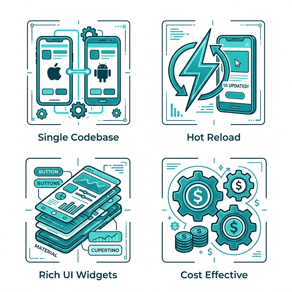2x2 grid of outline icons showing Flutter benefits: single codebase, hot reload, rich UI widgets, cost-effective development
