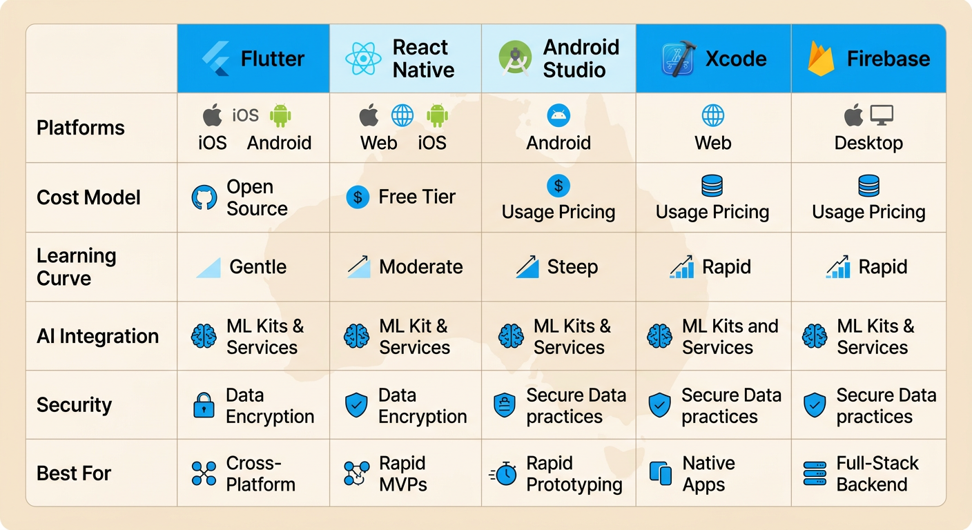 Infographic comparing key features of mobile app development tools including platforms, cost, learning curve, AI integration, security, and best uses