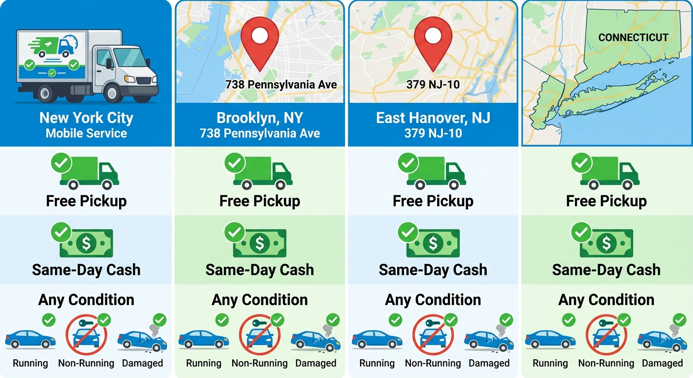 Infographic comparing Tri-State cash for cars service areas: NYC, Brooklyn, East Hanover NJ, Long Island/CT with free pickup, same-day cash, any condition features