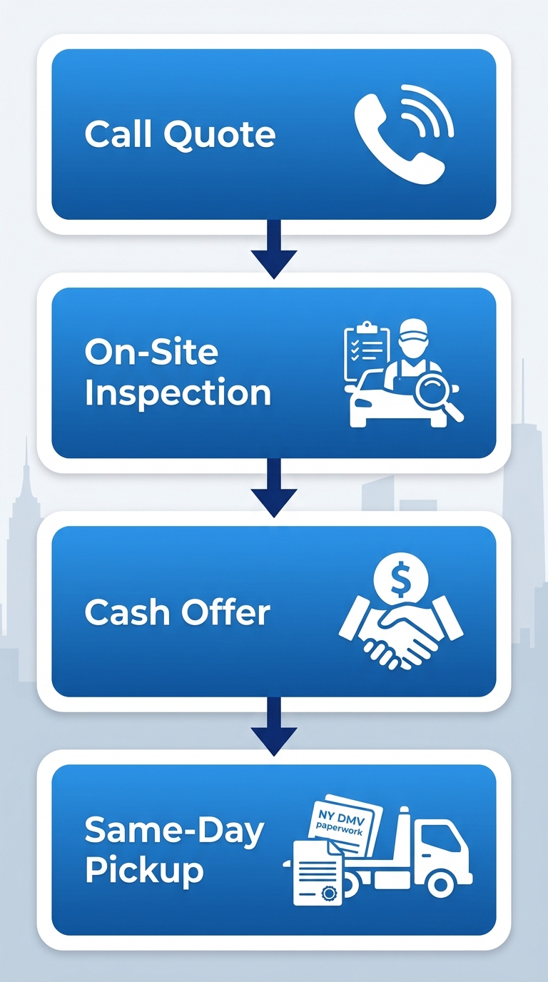 Vertical process flow diagram illustrating four stages to sell a car in NYC: call for quote, on-site inspection, receive cash offer, same-day pickup and payment.