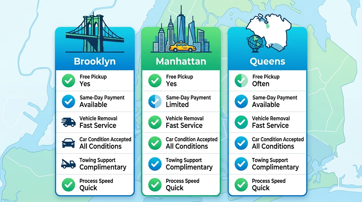 Infographic comparing cash for cars services in Brooklyn, Manhattan, and Queens boroughs