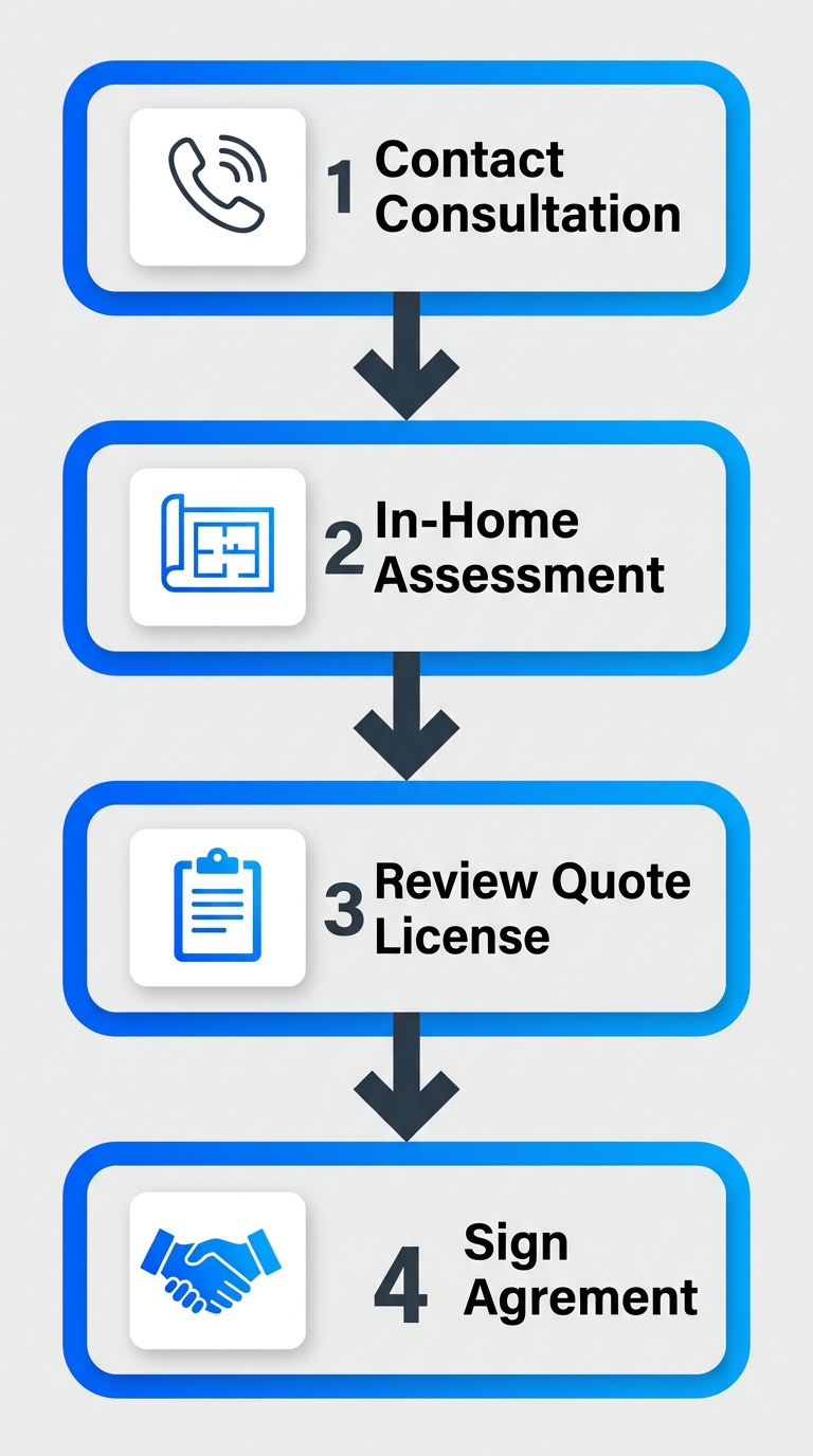 Vertical process flow illustrating 4 key steps to start Ogden basement finishing: contact for consultation, in-home assessment, review quote and licensing, sign agreement.