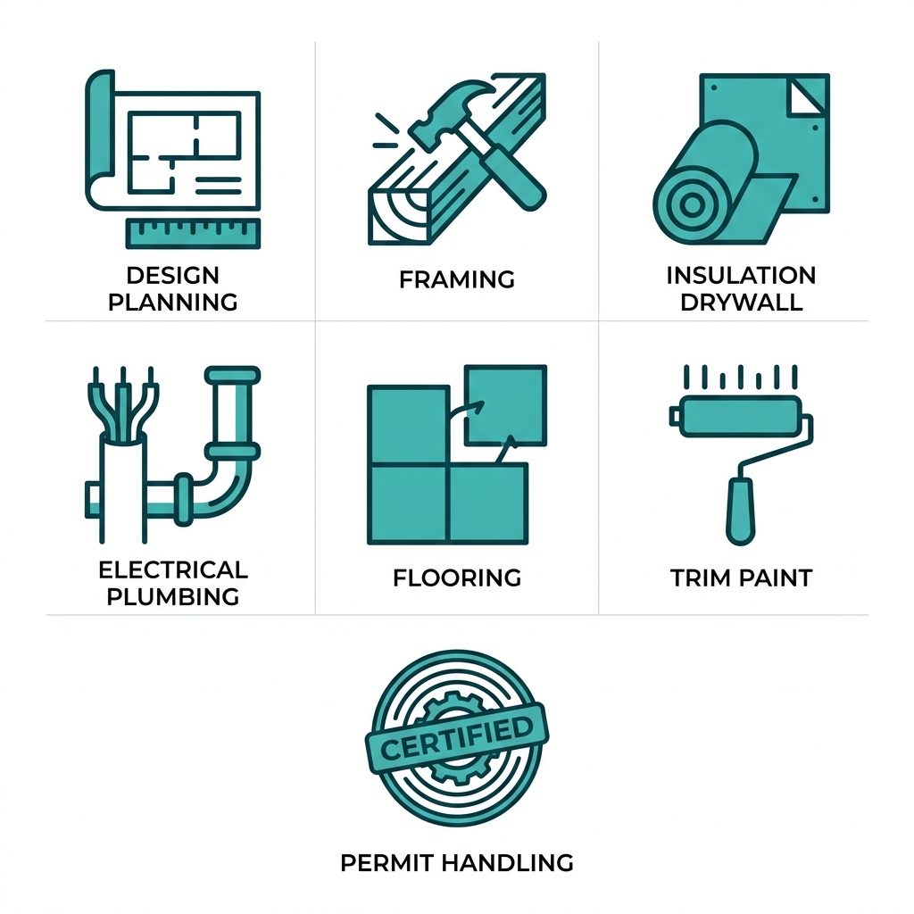 Grid of 7 modern icons for basement finishing services including design, framing, insulation, electrical, flooring, trim, and permits with short labels.