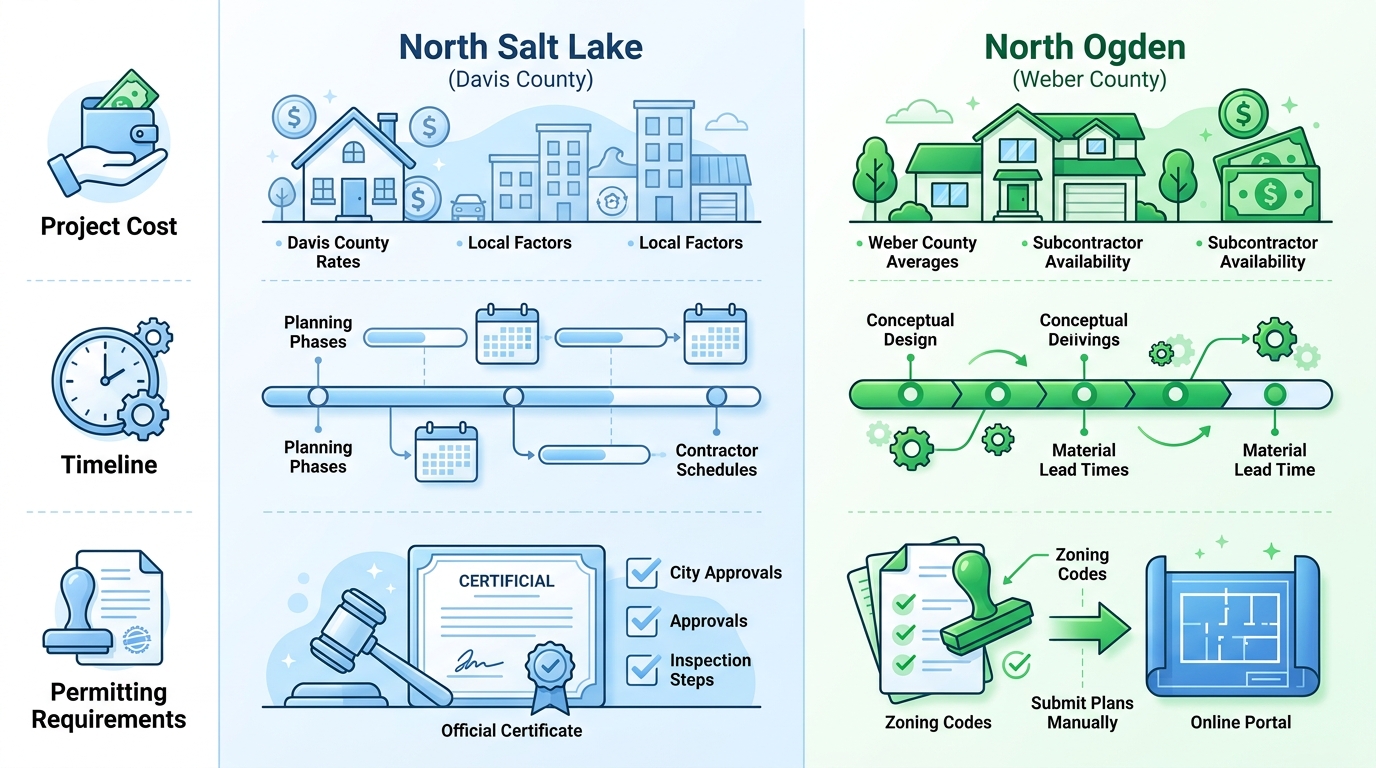 Infographic comparing basement remodeling cost, timeline, and permits visually between North Salt Lake and North Ogden using themed icons and columns.