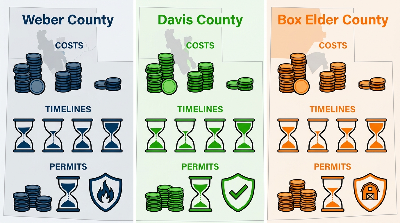 Infographic comparing cost, timeline, and permit aspects of basement remodeling in Weber, Davis, and Box Elder Counties with icons and county colors.