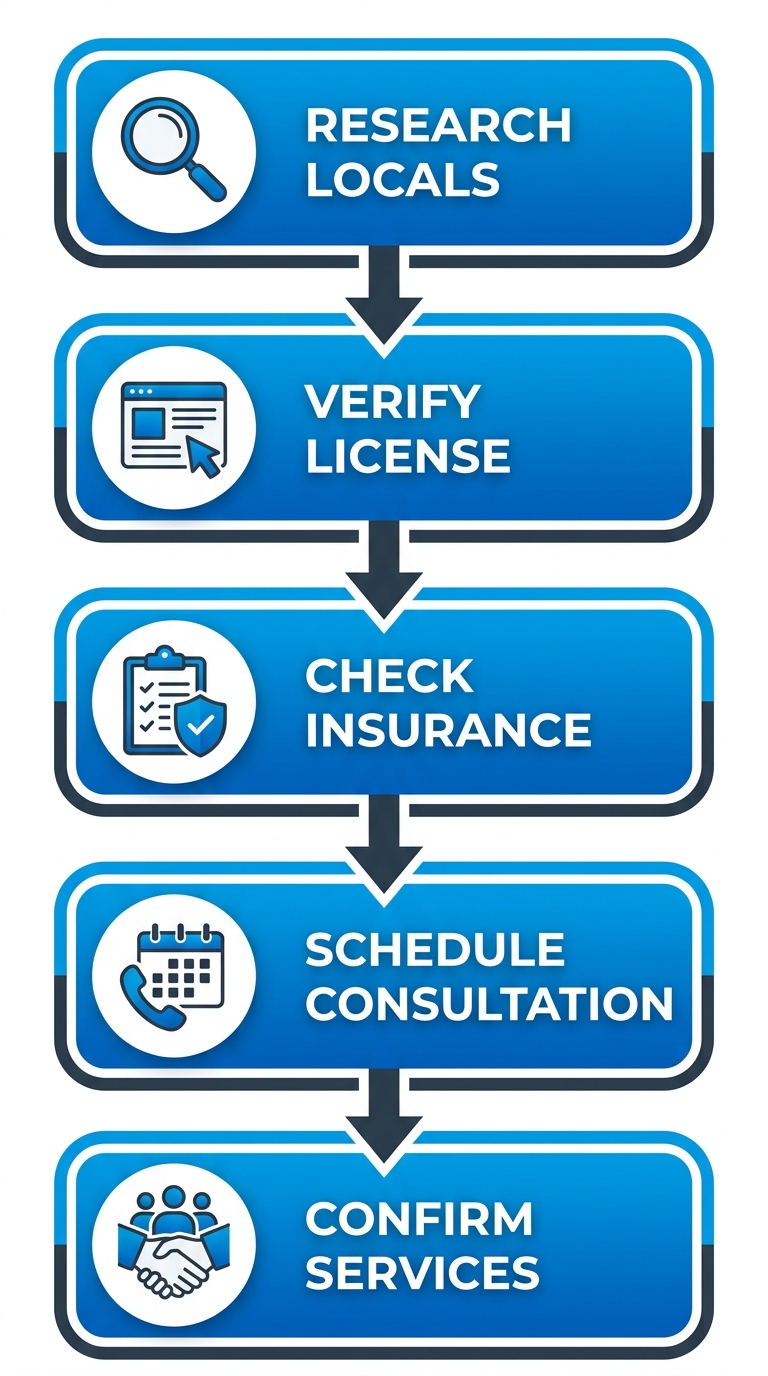 Vertical process flow diagram illustrating 5 steps to hiring reliable basement remodeling contractors: research locals, verify license, check insurance and quotes, schedule consultation, confirm services with icons and blue gradient boxes.