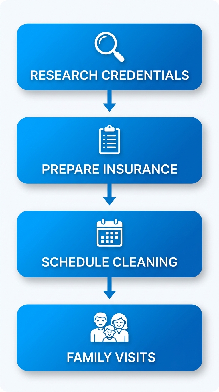 Vertical process flow diagram illustrating four steps to start dental care: research credentials, prepare insurance, schedule exam, begin family visits