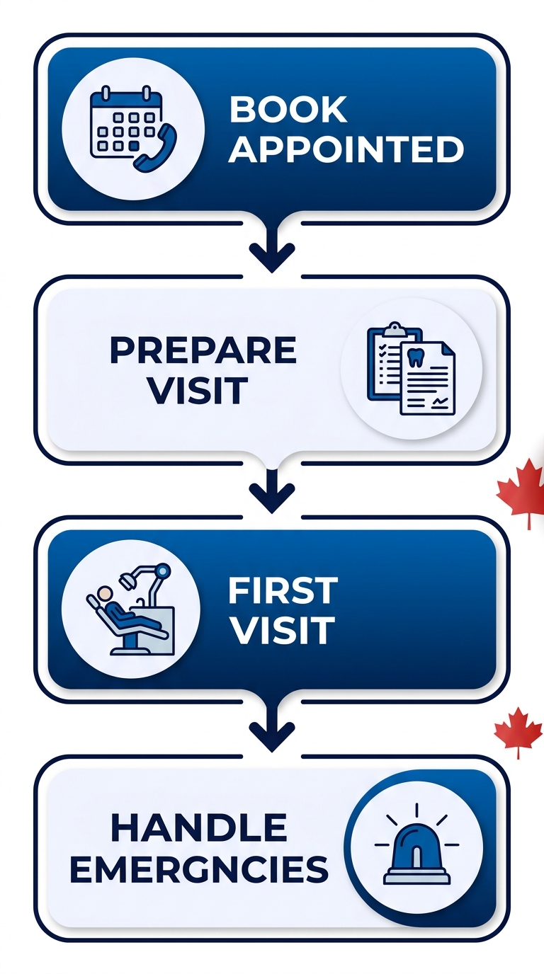 Vertical process flow illustrating four steps to begin dental care: booking appointment, preparing visit, attending first exam, and handling emergencies at Asante Dental Centre.