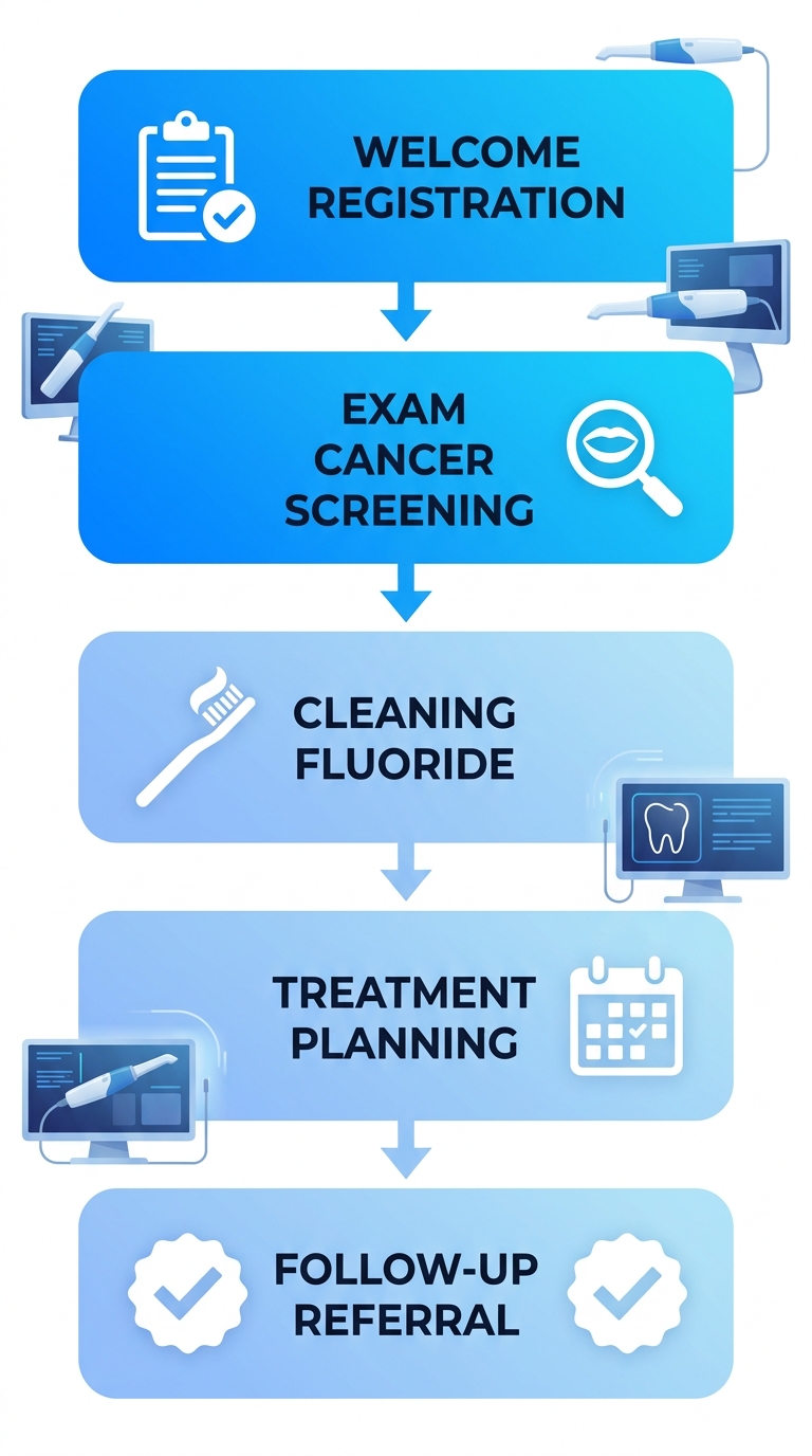 Vertical process flow diagram illustrating five stages of a first dental visit: welcome and registration, comprehensive exam and cancer screening, professional cleaning and fluoride, treatment planning with same-day options, and follow-up or emergency referral.