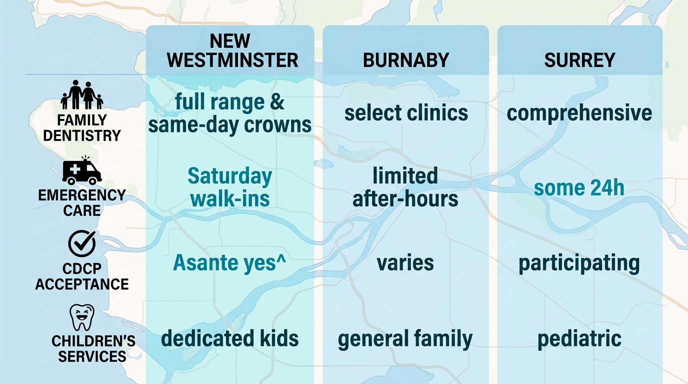 Infographic comparing dental services landscape in New Westminster, Burnaby, and Surrey with family dentistry, emergency care, CDCP acceptance, and children's services.