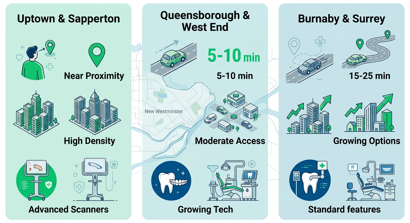 Infographic comparing Invisalign provider density, proximity, and features in New Westminster areas like Uptown, Sapperton, Queensborough, and surroundings