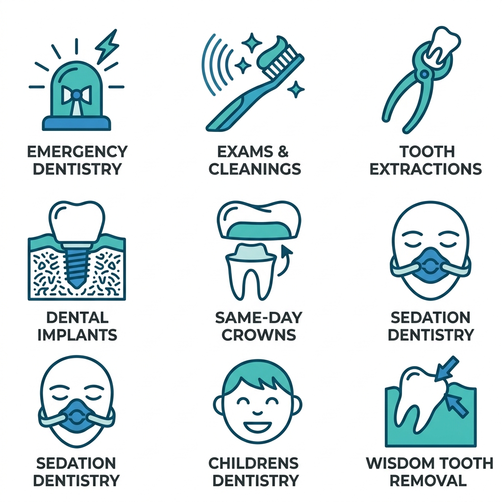 Grid of 8 icons for dental services: emergency, exams, extractions, implants, crowns, sedation, children, wisdom teeth.
