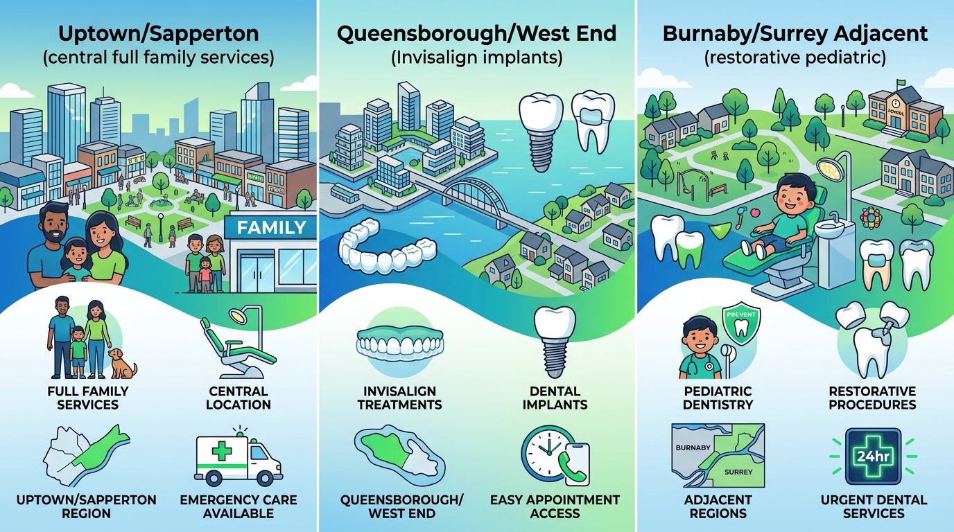 Infographic comparing dental access in New Westminster neighborhoods: Uptown/Sapperton, Queensborough/West End, Burnaby/Surrey areas with icons for proximity, services, emergencies.