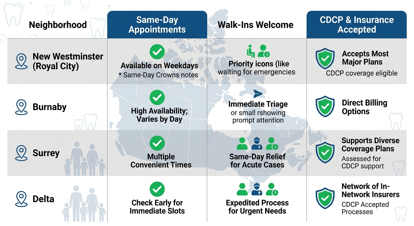 Infographic comparing emergency dental services in New Westminster, Burnaby, Surrey, and Delta neighborhoods, featuring same-day appointments, walk-ins welcome, and CDCP insurance acceptance with icons.