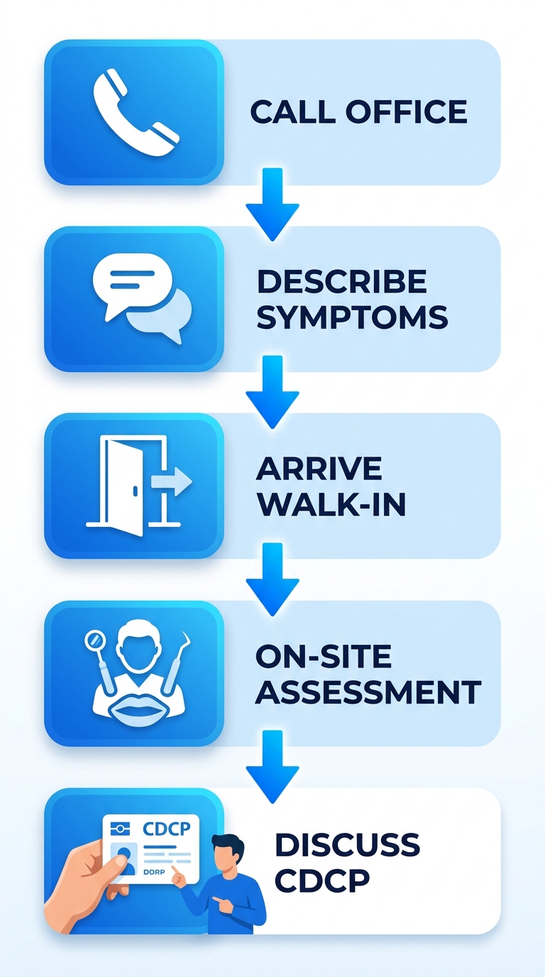 Vertical 5-step process flow diagram for emergency dental care: call office, describe symptoms, arrive for walk-in, on-site assessment, discuss CDCP options