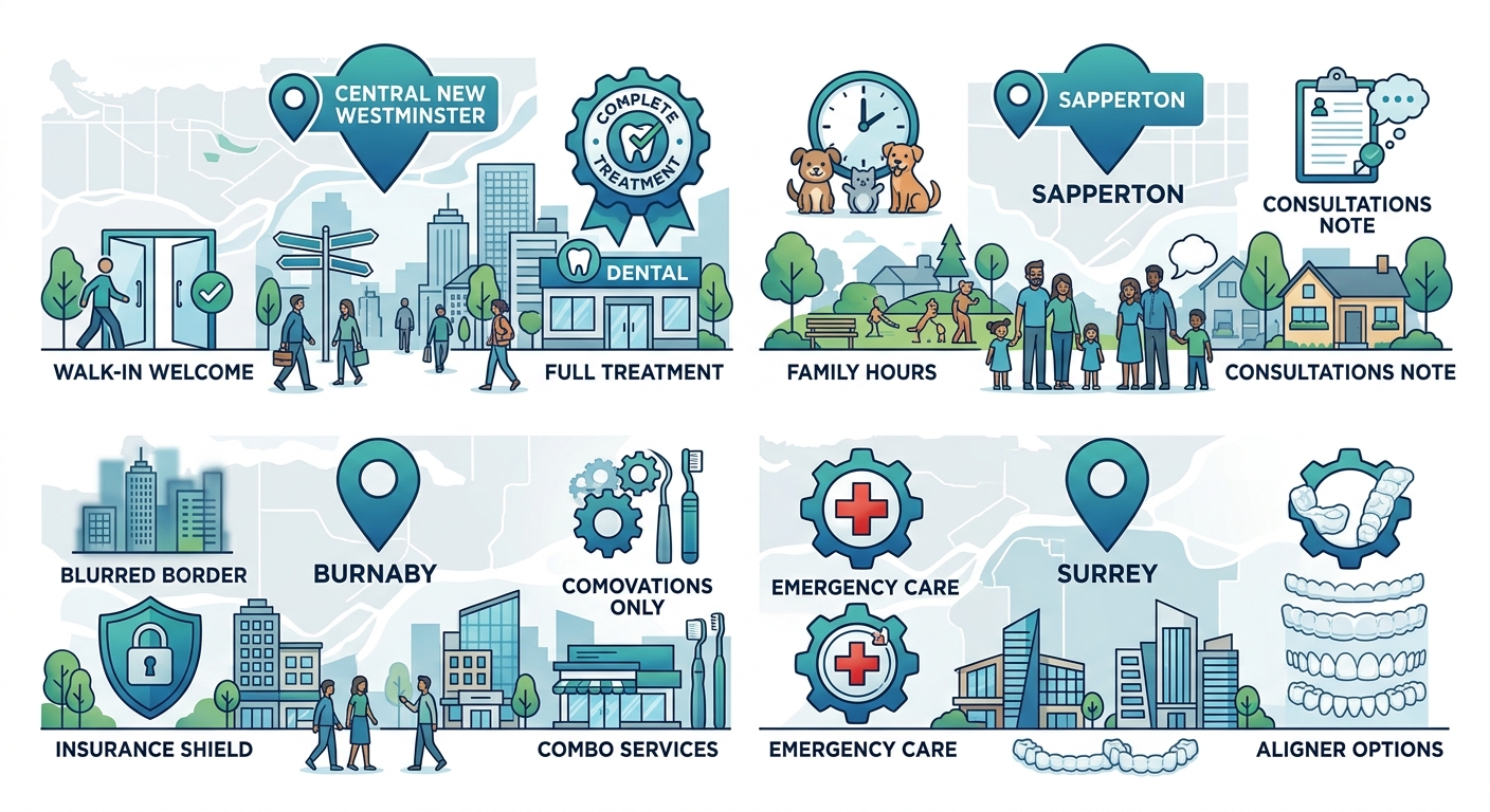 Infographic showing Invisalign service accessibility in Central New Westminster, Sapperton, Burnaby, and Surrey with icons for walk-ins, family hours, insurance, and emergency care.