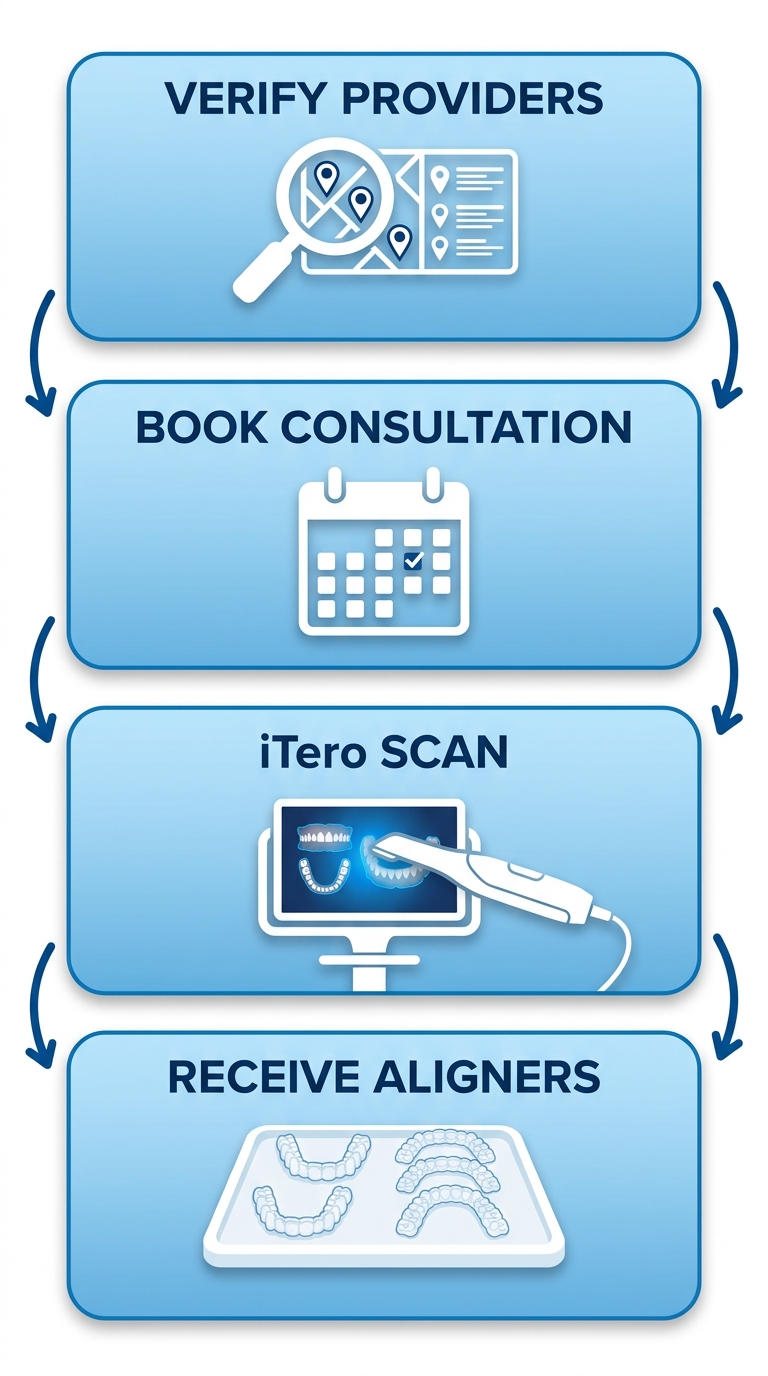 Vertical process flow diagram showing four steps to start Invisalign treatment: verify providers, book consultation, digital scan, receive aligners