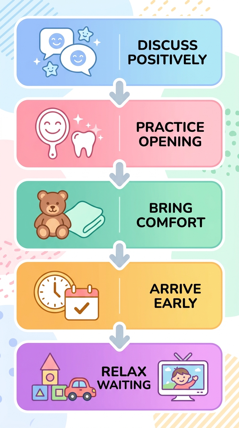Vertical process flow illustrating 5 steps to prepare a child for dental visit: discuss positively, practice mouth opening, bring comfort item, arrive early, relax in waiting area with playful icons.