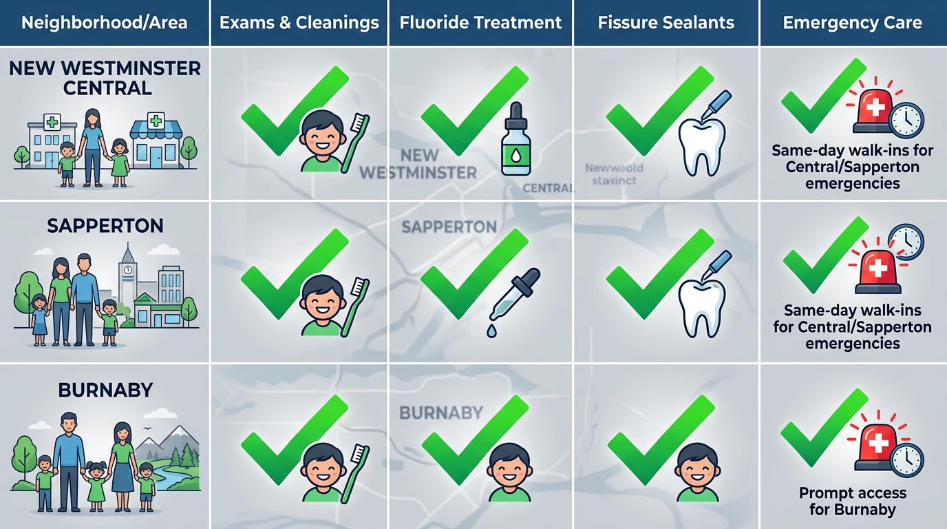 Infographic of pediatric dental services availability across New Westminster neighborhoods including exams, cleanings, fluoride, sealants, and emergency care.