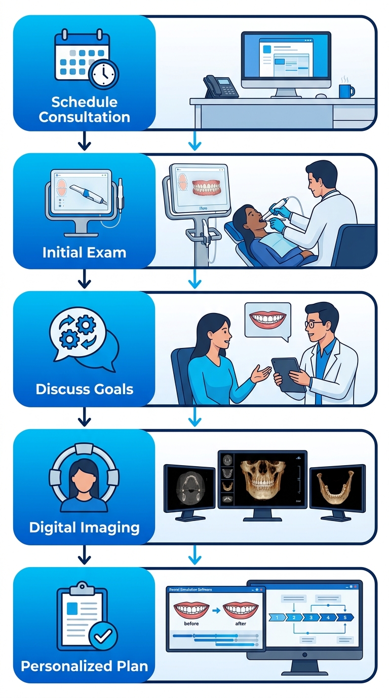 Vertical process flow diagram illustrating five steps for starting cosmetic dentistry treatment: schedule consultation, initial exam with scanner, discuss goals, digital imaging, and receive personalized plan.