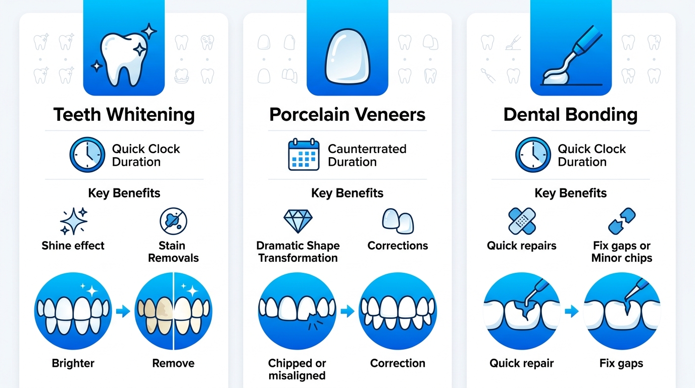 Infographic comparing Teeth Whitening, Porcelain Veneers, and Dental Bonding procedures with icons for duration and benefits