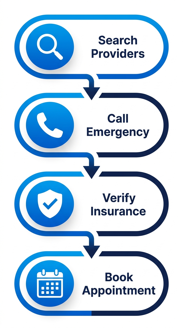 Vertical process flow diagram showing four steps to access dental care in Burnaby: search providers, call emergency, verify insurance, book appointment.