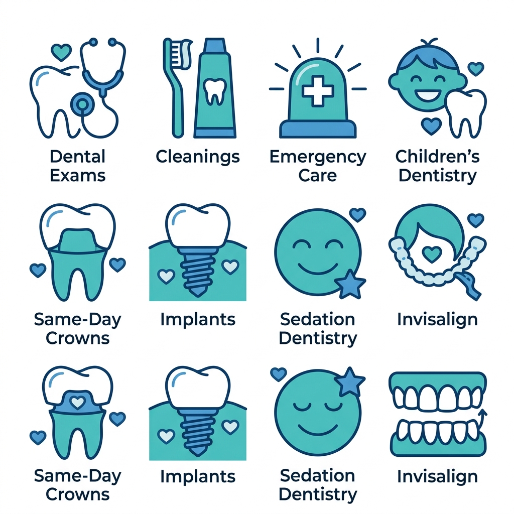Grid of 8 icons for family dental services: exams, cleanings, emergency care, children's dentistry, same-day crowns, implants, sedation, Invisalign