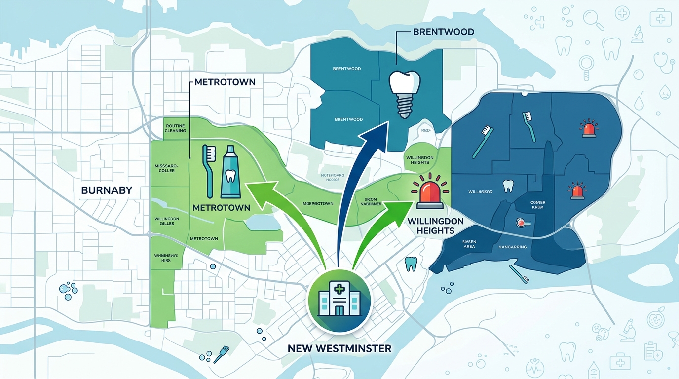 Infographic map showing Burnaby neighborhoods' proximity to Asante Dental Centre with service icons for cleanings, emergencies, and implants