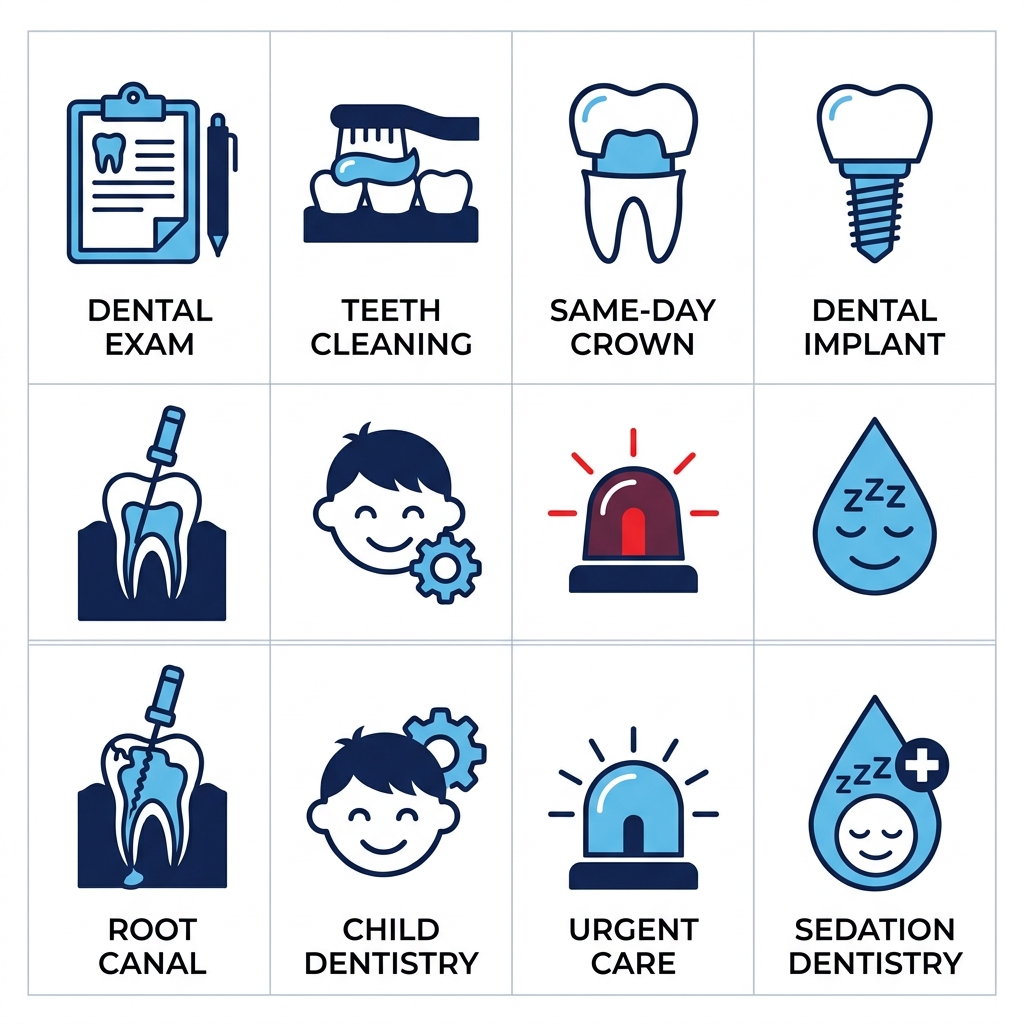 2x4 grid of flat outlined icons representing dental services: exams, cleanings, same-day crowns, implants, root canals, pediatric care, emergencies, and sedation in professional blue tones.