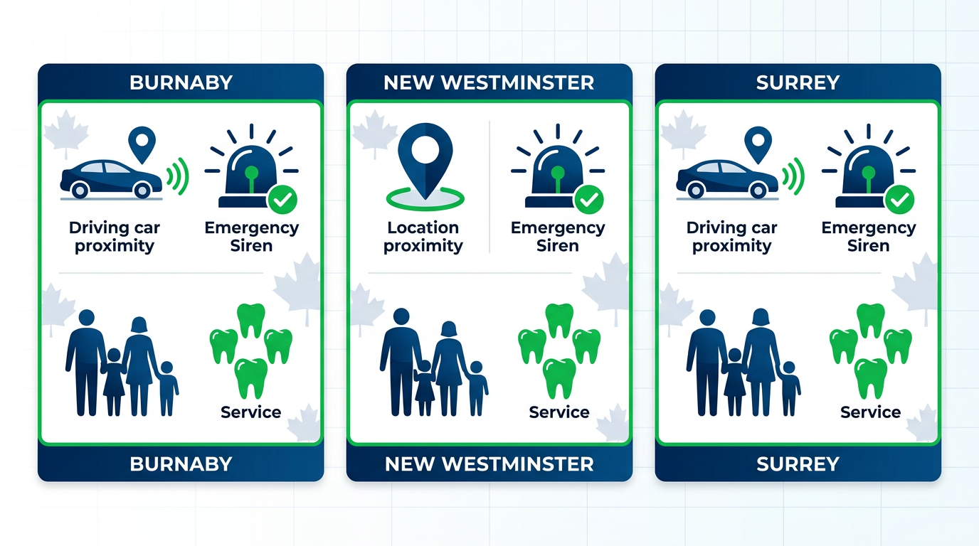 Infographic illustrating dental services comparison across Burnaby area neighbourhoods with proximity, emergency, family, and kids icons