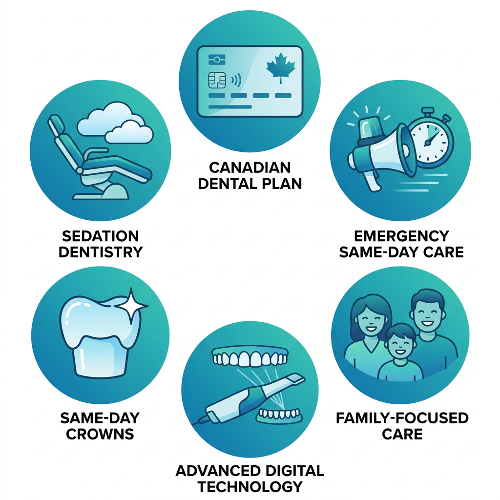 Circular arrangement of six icons highlighting key dental care factors: CDCP health card, emergency siren stopwatch, happy family, digital scanner, shining crown, relaxed chair.