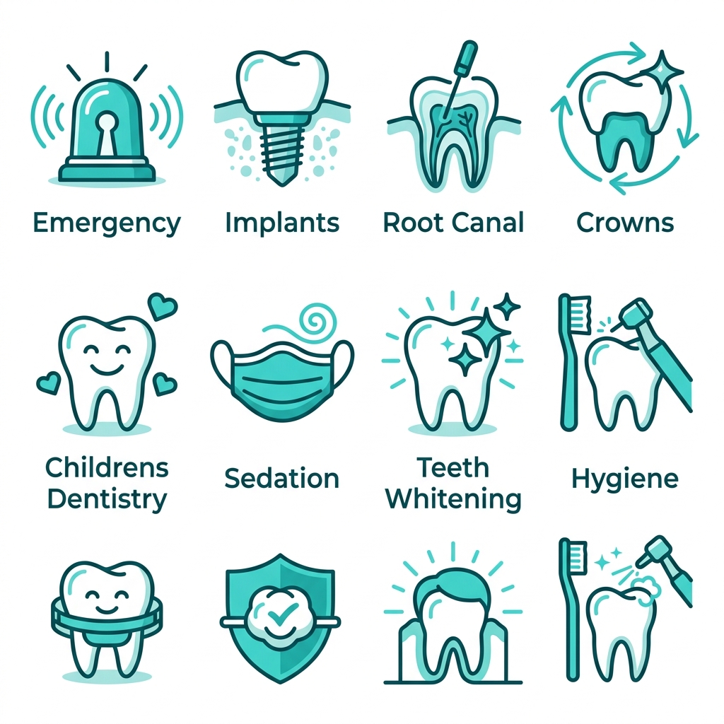 Square grid of 8 dental service icons including emergency, implants, root canal, crowns, kids dentistry, sedation, whitening, and hygiene in teal on white.