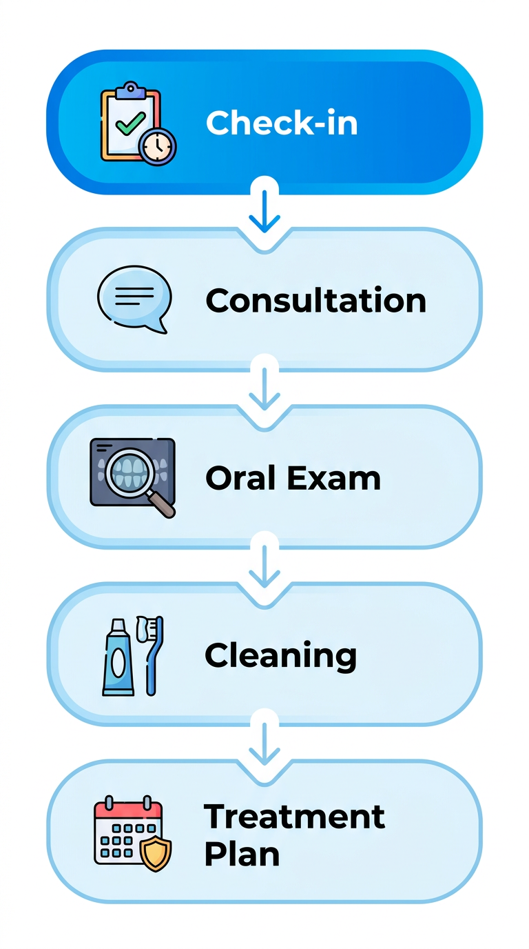 Vertical process flow diagram of first visit to Burnaby dental clinic with five steps: check-in, consultation, oral exam, cleaning, treatment plan.
