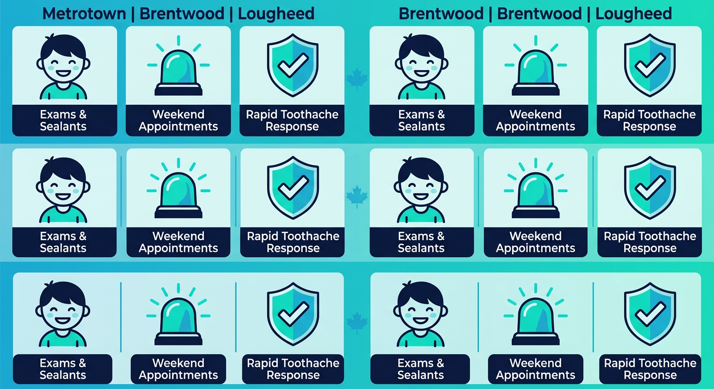 Infographic of dental services availability in Burnaby's Metrotown, Brentwood, and Lougheed neighborhoods, highlighting pediatric, emergency, and CDCP options.