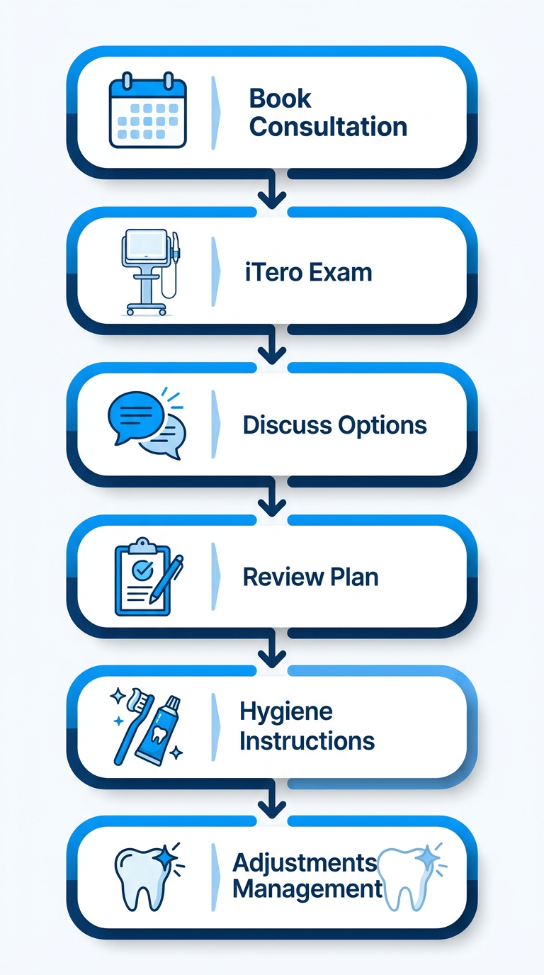 Vertical process flow diagram illustrating 6 steps to begin orthodontic care: book consultation, iTero exam, discuss options, review plan, hygiene instructions, and adjustments management with icons.
