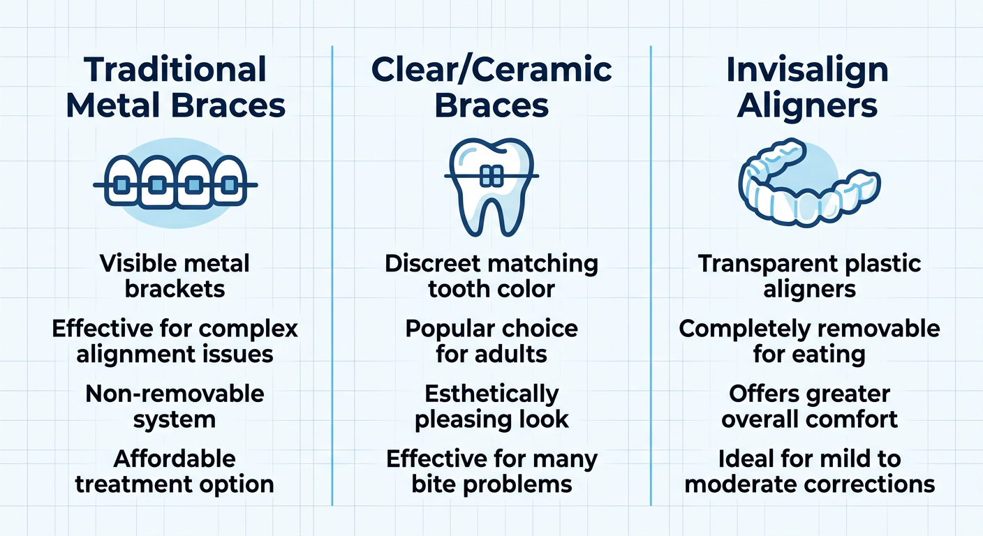 Infographic comparing braces types: Traditional Metal, Clear/Ceramic, and Invisalign near Burnaby