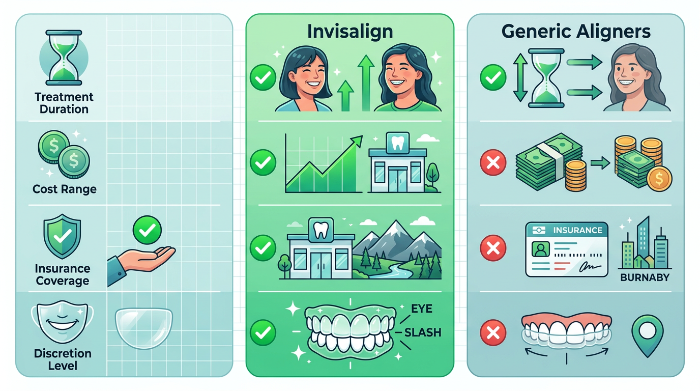 Infographic visually comparing Invisalign and generic clear aligner features like duration, cost, insurance, and discretion for Burnaby families