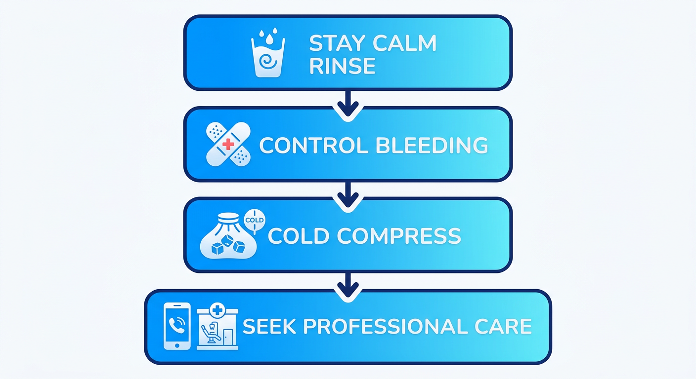 Vertical process flow chart showing four steps for managing dental emergencies: stay calm and rinse, control bleeding, apply cold compress, seek professional care with icons.
