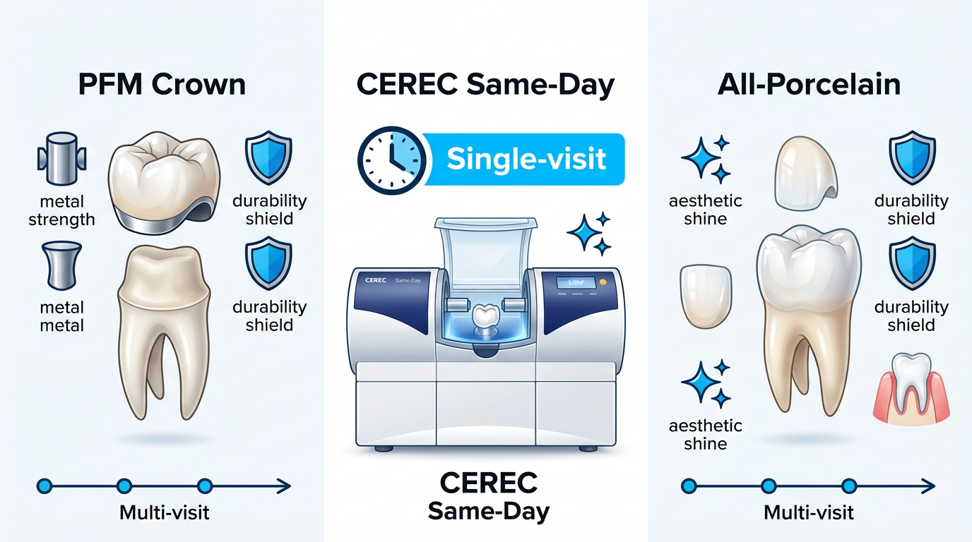 Infographic comparing Porcelain Fused to Metal, CEREC Same-Day, and All-Porcelain dental crowns with icons for strength, speed, and aesthetics.