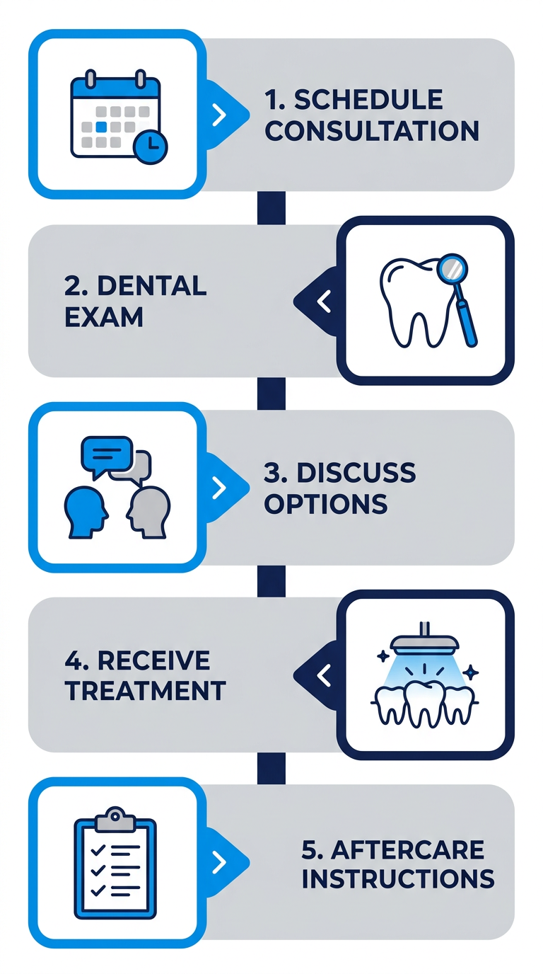 Vertical process flow illustrating 5 steps for teeth whitening: schedule consultation, dental exam and cleaning, discuss options, receive treatment, aftercare instructions with relevant icons.