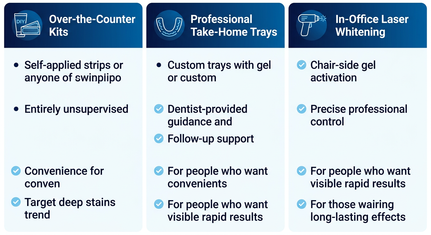 Infographic comparing Over-the-Counter Kits, Professional Take-Home Trays, and In-Office Laser Whitening options near Burnaby with icons and checkmarks