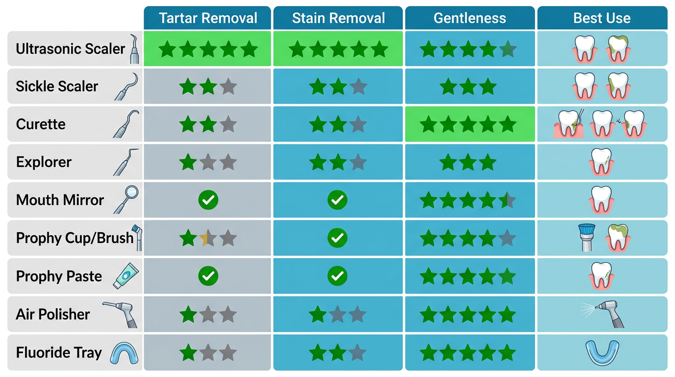 Infographic matrix comparing dental cleaning tools including scalers, curettes, mirrors, prophy tools, and fluoride trays across tartar removal, stain removal, gentleness, and best use with icon ratings.