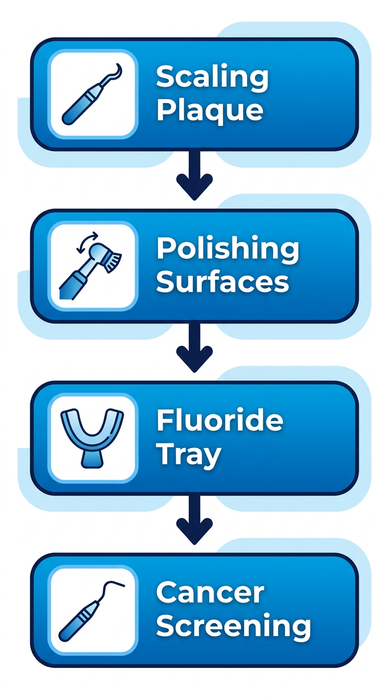 Vertical process flow diagram of professional dental cleaning stages: scaling plaque and tartar, polishing surfaces, fluoride application, and oral cancer screening with icons.