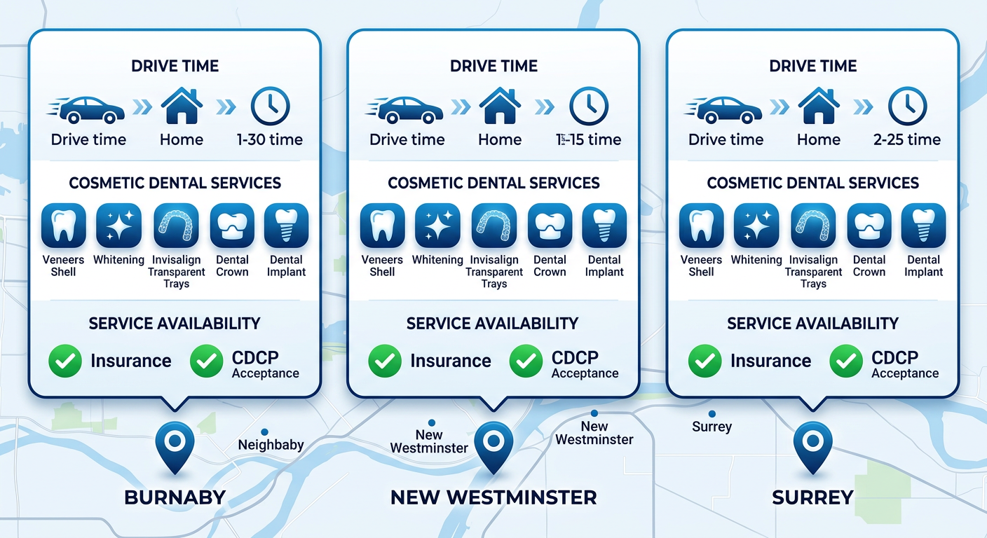 Infographic comparing cosmetic dentistry access and drive times in Burnaby, New Westminster, and Surrey neighborhoods with service icons and insurance checkmarks